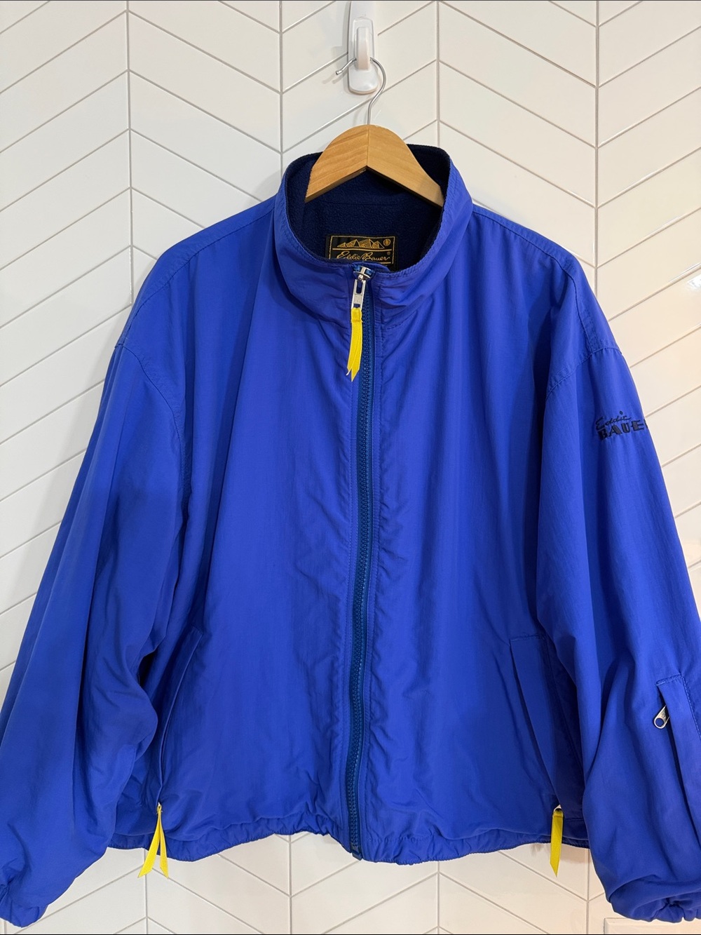 Eddie Bauer Women’s XL Fleece-Lined Nylon Jacket, Royal Blue, Made in USA.